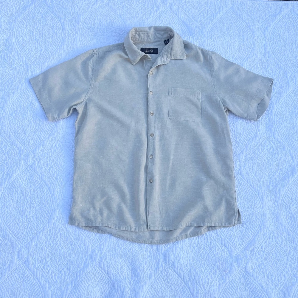 Tasso Elba Men’s Short Sleeve Shirt Medium Beige Silk Linen Coastal Italy Luxury